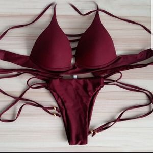 NWOT Wine Red Cheeky Halter Bikini